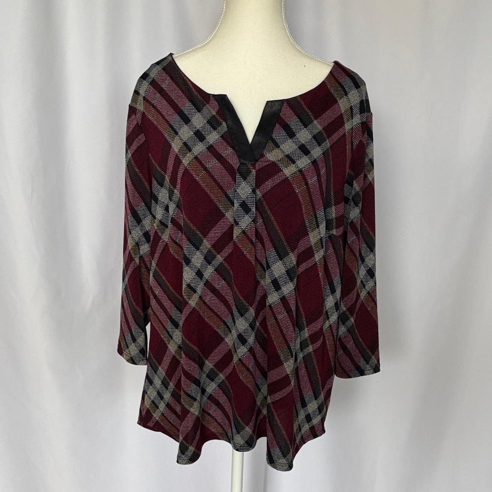 Lot of 2 Women's tops - Plaid Burgundy shirt and Black Knit Sweater Size 1X EUC